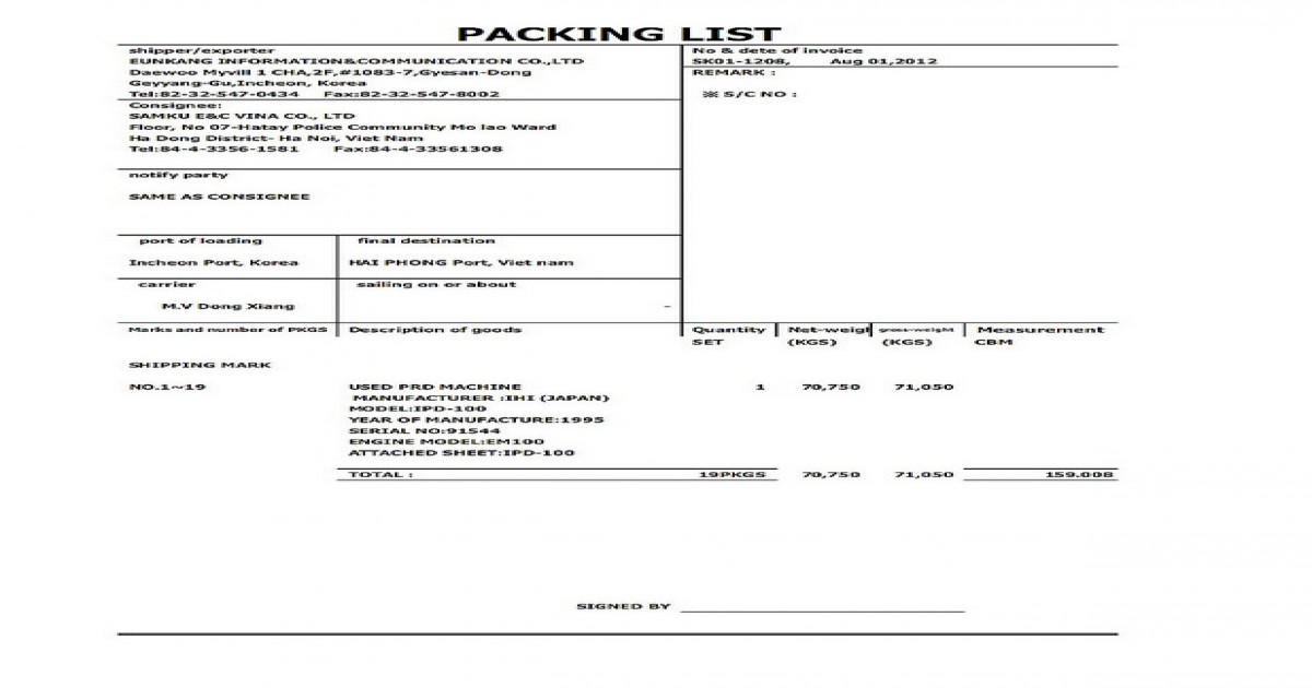 Packing list cung cấp thông tin về lô hàng
