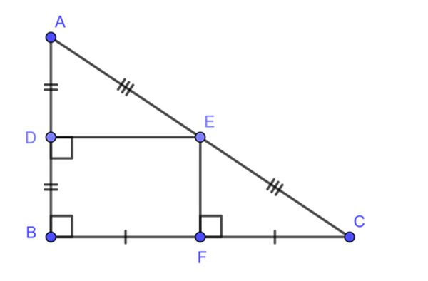 Trong tam giác vuông ABC vuông tại B, có E là giao điểm của 3 đường trung trực khi đó E là trung điểm của cạnh huyền AC